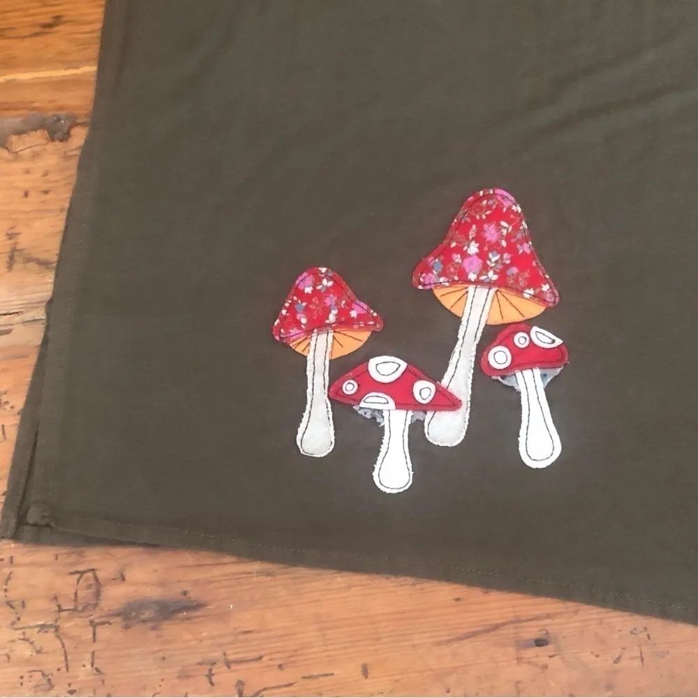 Mushroom appliqué olive t shirt knit scarf 66” x 18” woodland mushroom